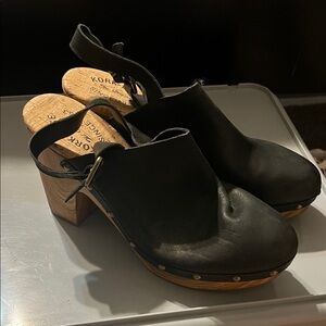 Kork-Ease Black Leather Women's Mules with Wooden Heel